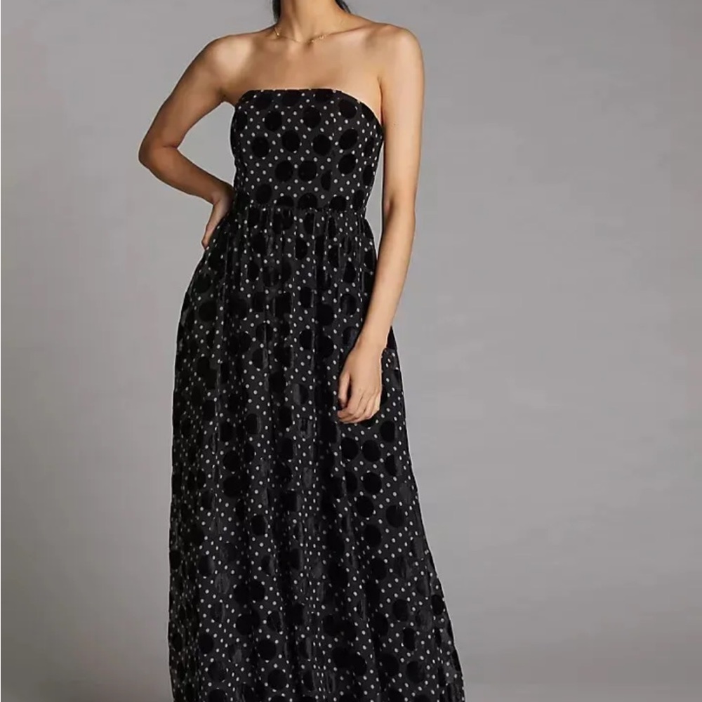 Anthropologie Velvet Polka Dot Maxi Dress new nwt size 12 black COLOR - Picture 8 of 9
